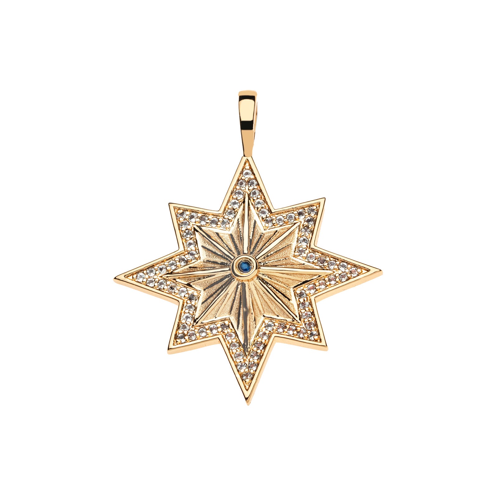 Gold 8 point star pendant features blue sapphire center stone and white topaz border