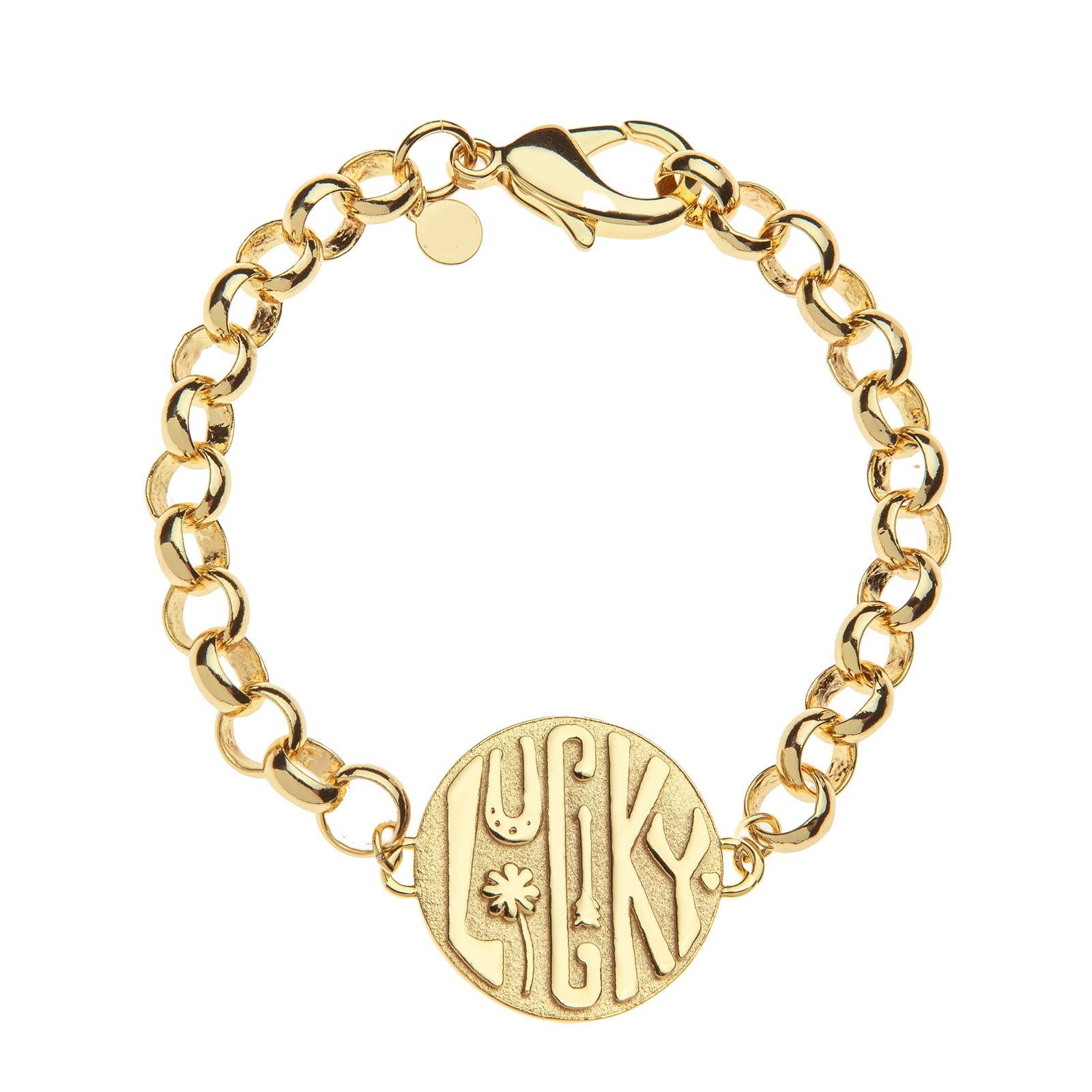 Chunky link gold bracelet features double sided coin with the words LUCKY on one side