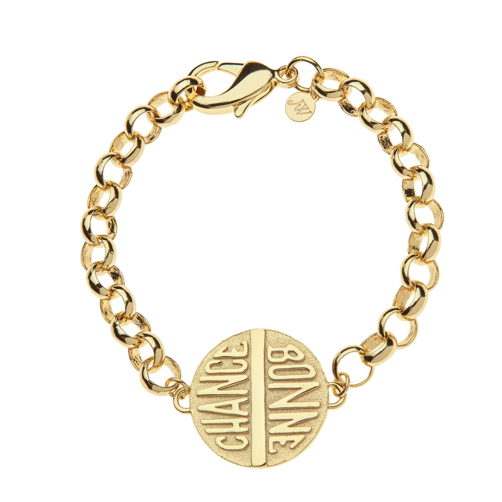 Chunky link gold bracelet features double sided coin with the words BONNE CHANCE on one side