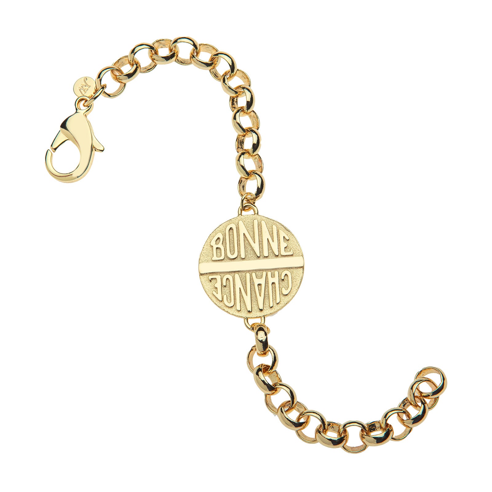 Chunky link gold bracelet features double sided coin with the words BONNE CHANCE on one side