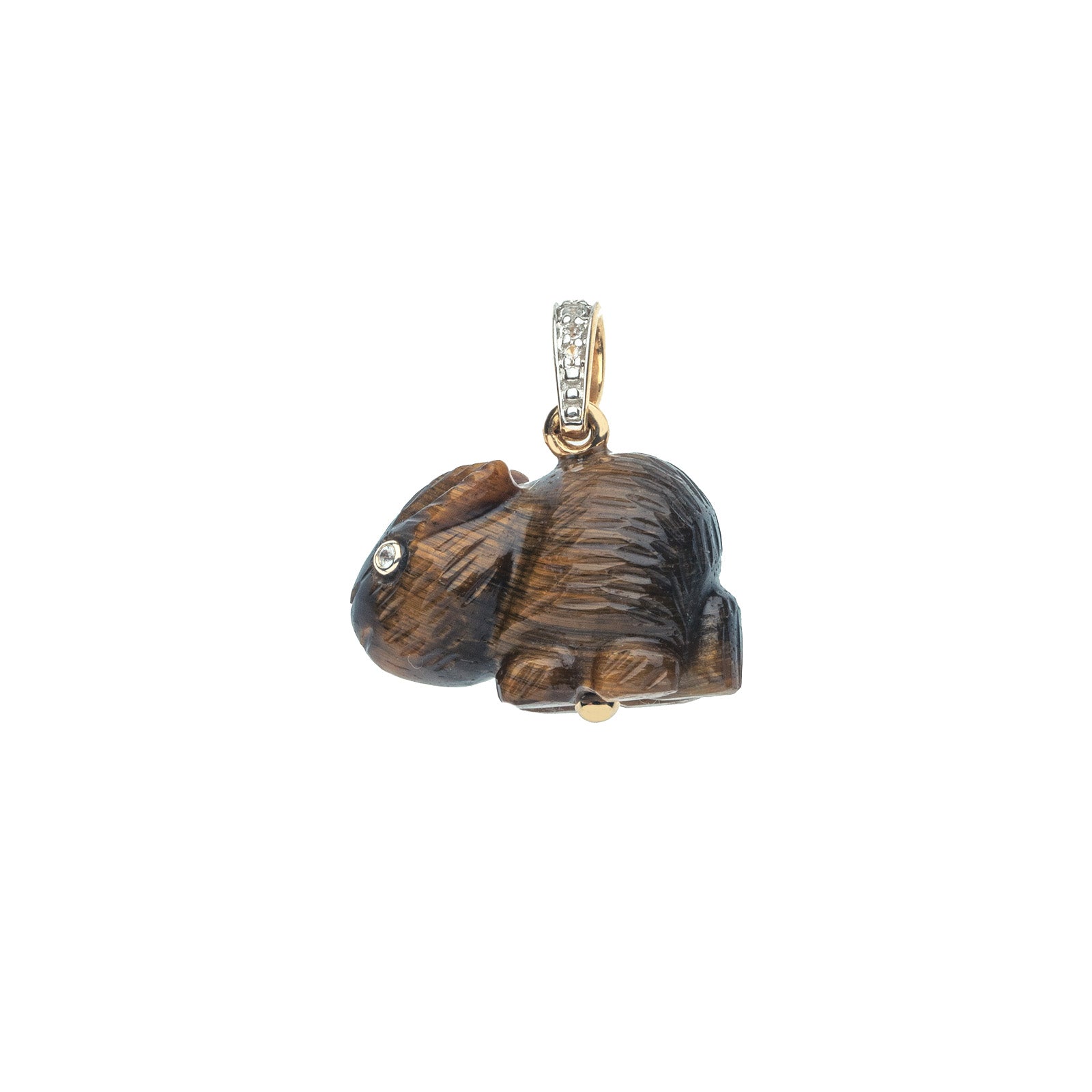 Carved tigers eye rabbit pendant with white topaz eyes and gold and white and gold topaz bail