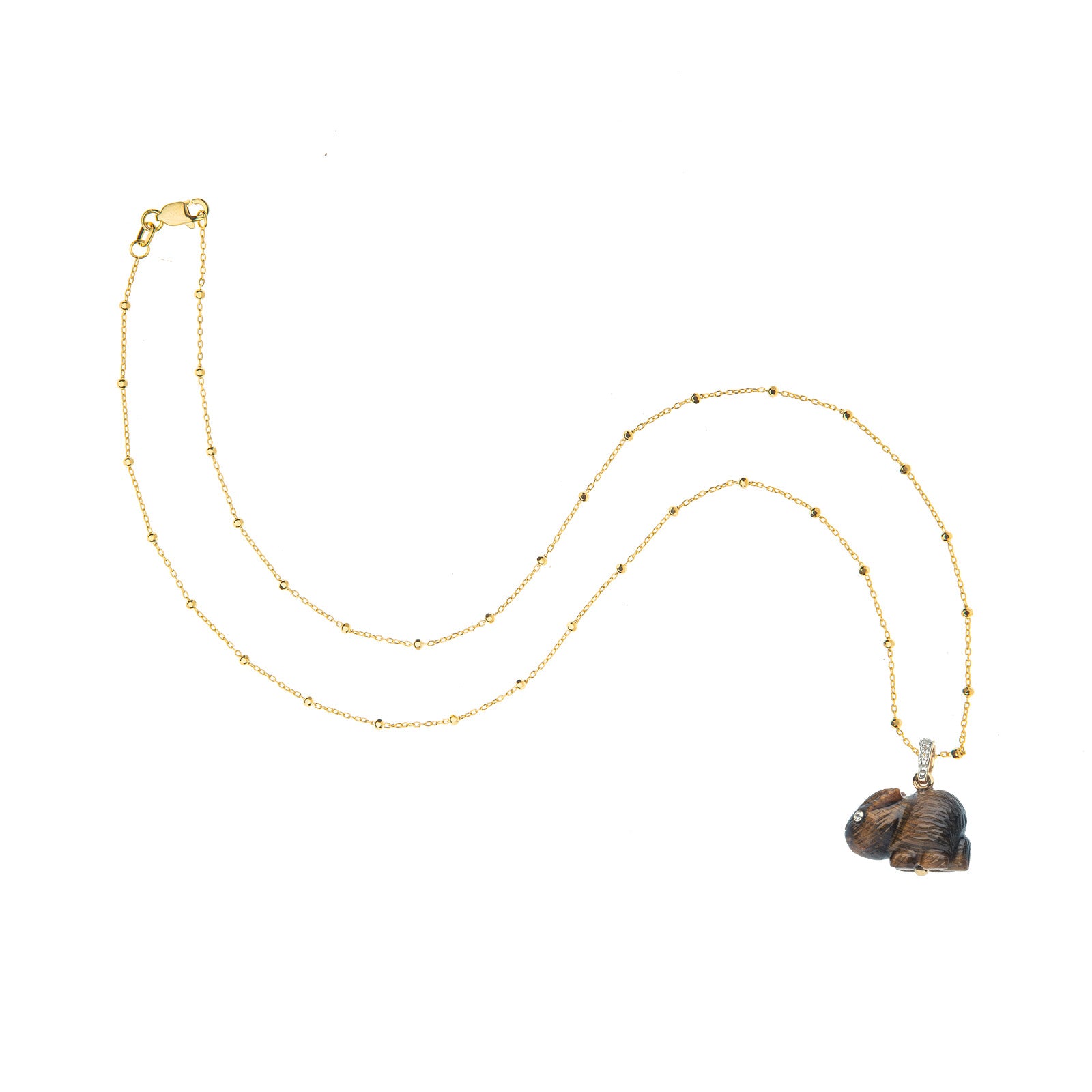 Carved rabbit pendant on 14 karat beaded satellite chain