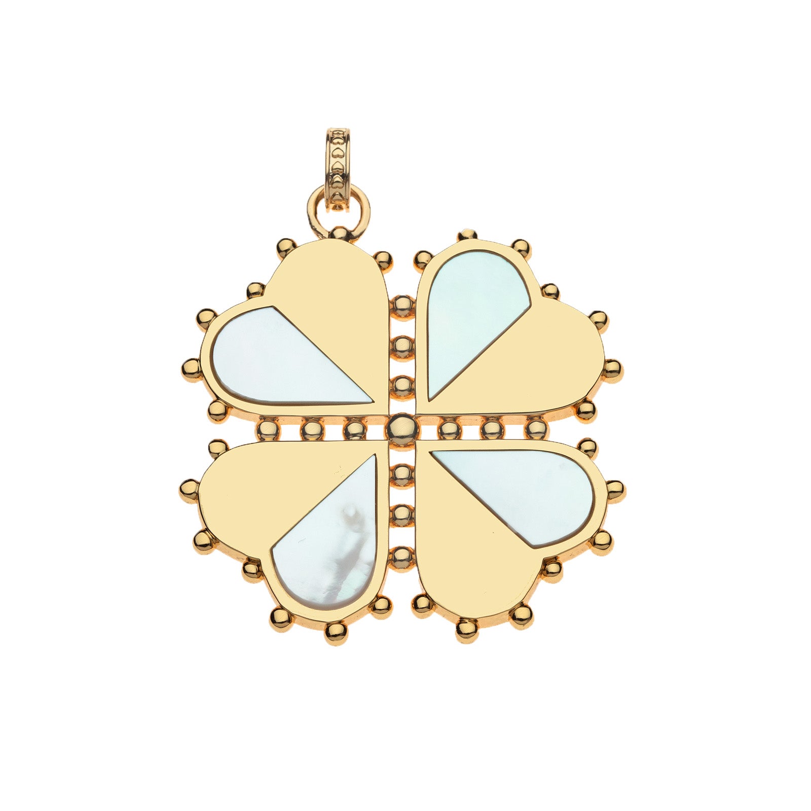 Four leaf clover pendant features heart shaped leaves which are each half gold and half mother of pearl
