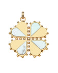 Four leaf clover pendant features heart shaped leaves which are each half gold and half mother of pearl