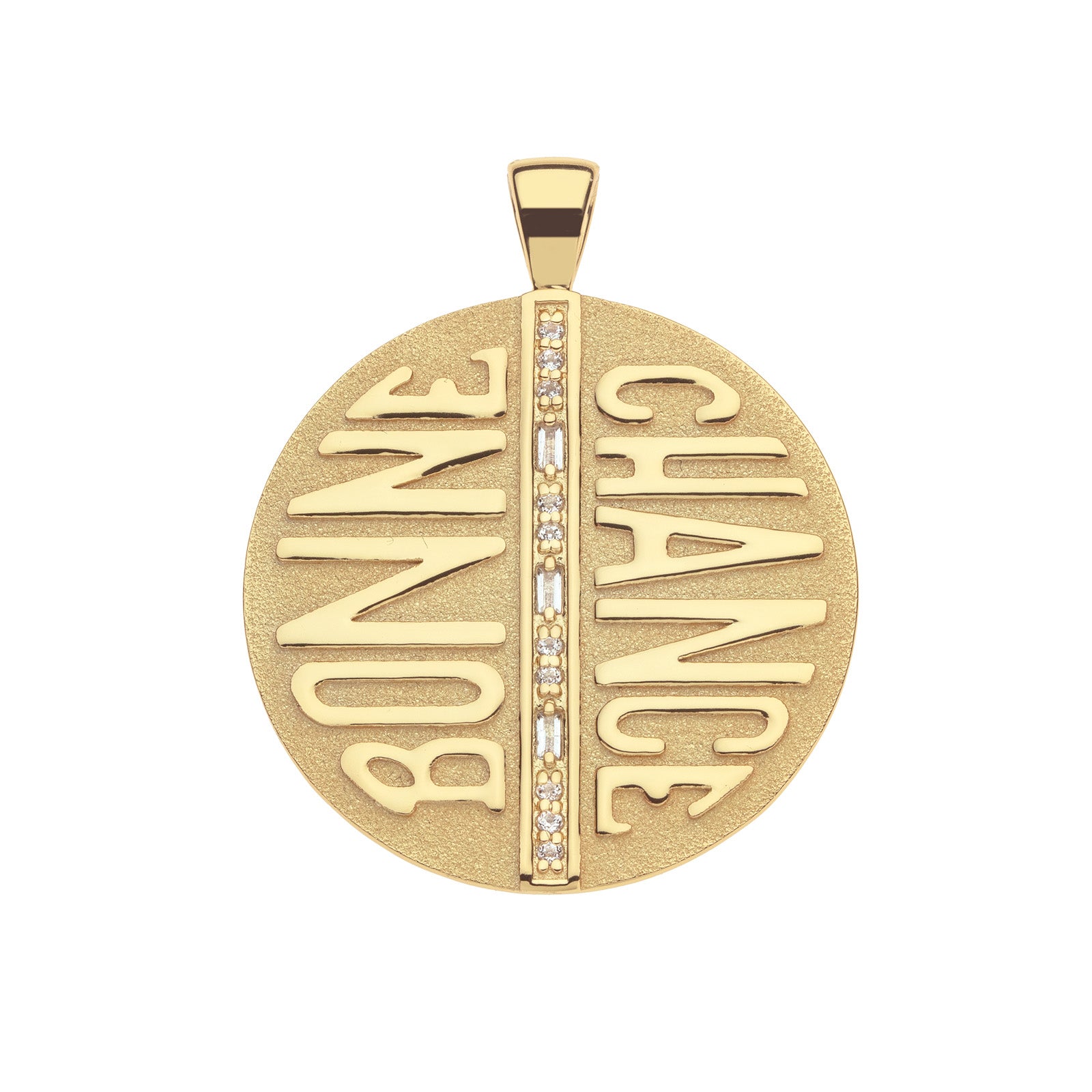 Gold coin pendant features row of white topaz stones down the center and the french phrase BONNE CHANCE 