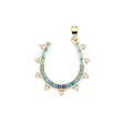Gold horseshoe pendant with aquamarine, topaz, and sapphire stones and Ethiopian opals on the border 