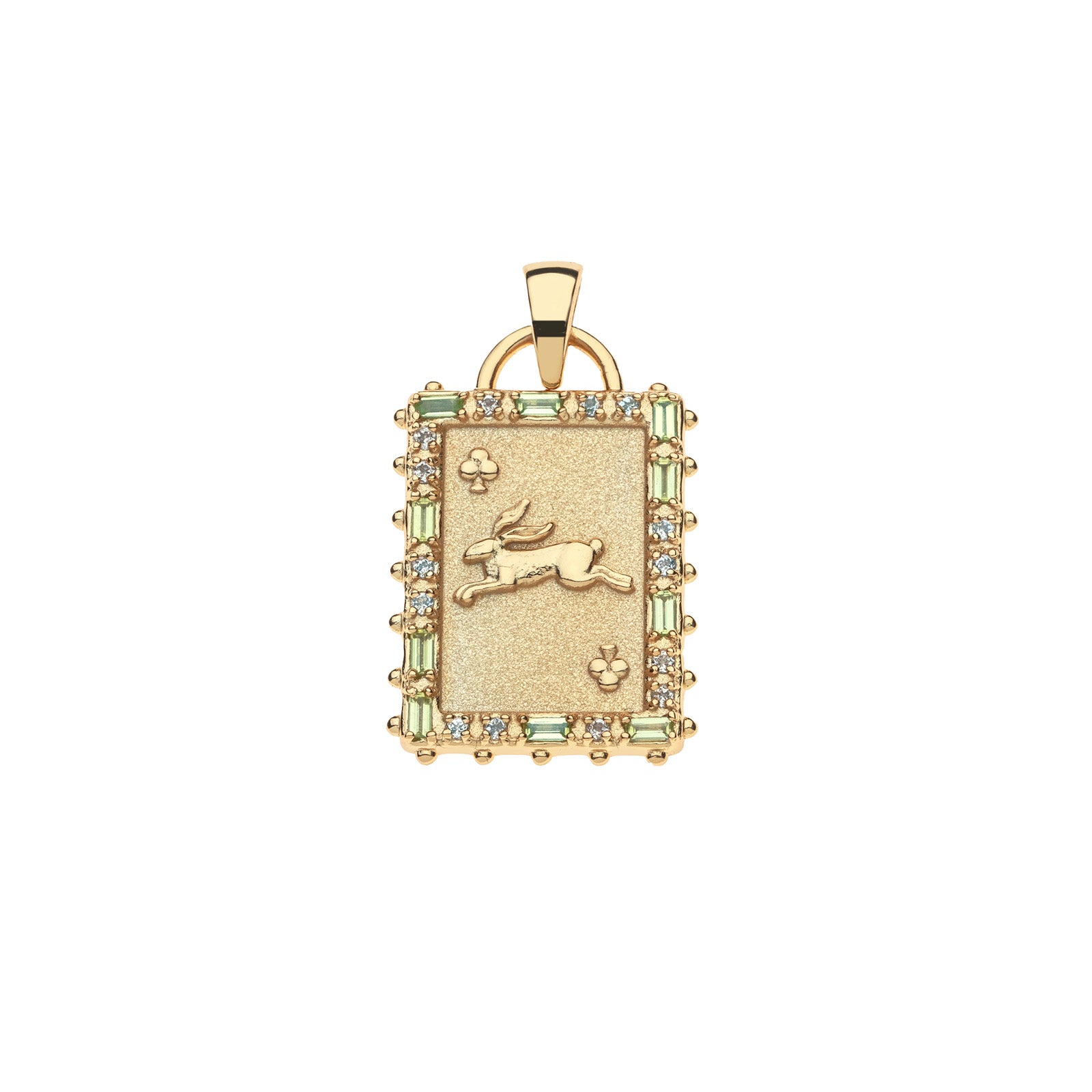 Gold club playing card pendant features embellished edge with peridot and white topaz and leaping bunny motif in the center