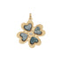 Gold 4 leaf clover pendant with heart shaped black mother of pearl shell detail in each leaf and white topaz center stone