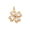 Front of gold 4 leaf clover pendant with mother of pearl detail and white topaz center stone