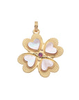 Front of gold 4 leaf clover pendant with mother of pearl detail and white topaz center stone