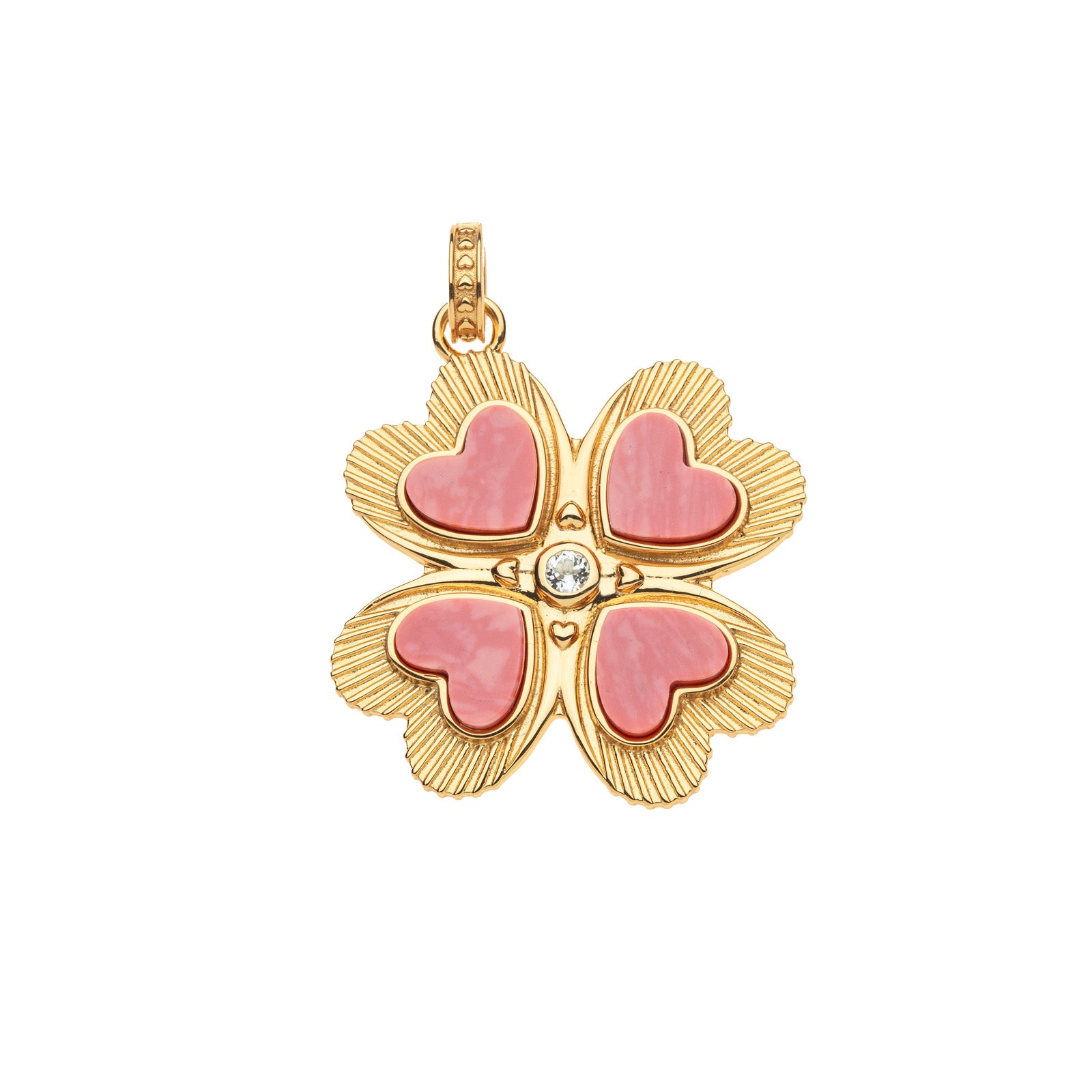Gold four leaf clover pendant features Dyed Bamboo Coral hearts on each leaf and white topaz stone in the center