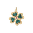 Gold 4 leaf clover pendant with heart shaped malachite detail in each leaf and pink tourmaline center stone