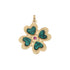 Gold 4 leaf clover pendant with heart shaped malachite detail in each leaf and pink tourmaline center stone