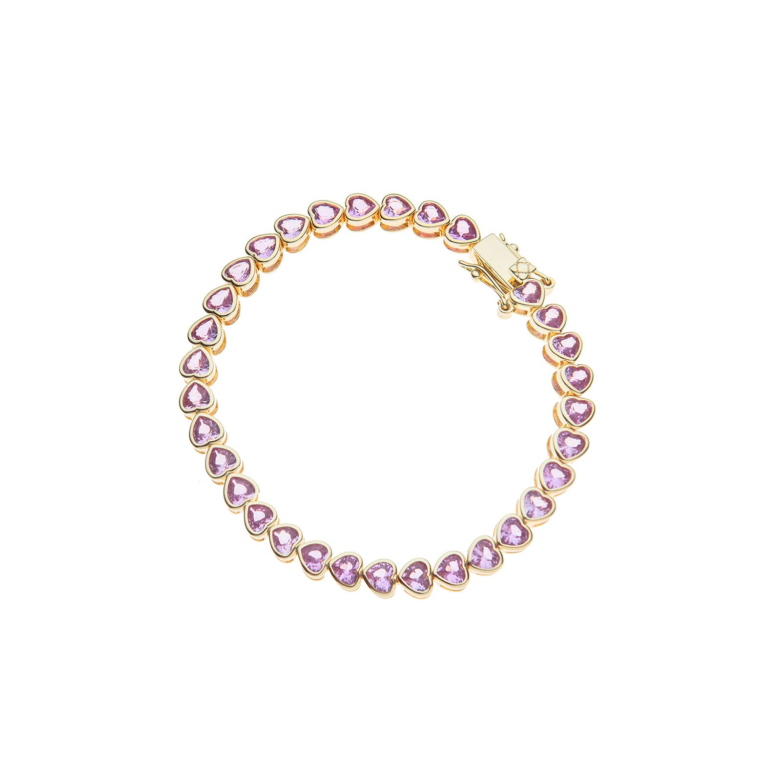 gold tennis bracelet of pink CZ hearts