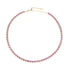 Gold tennis necklace featuring heart shaped pink CZ stones and adjustable sliding clasp