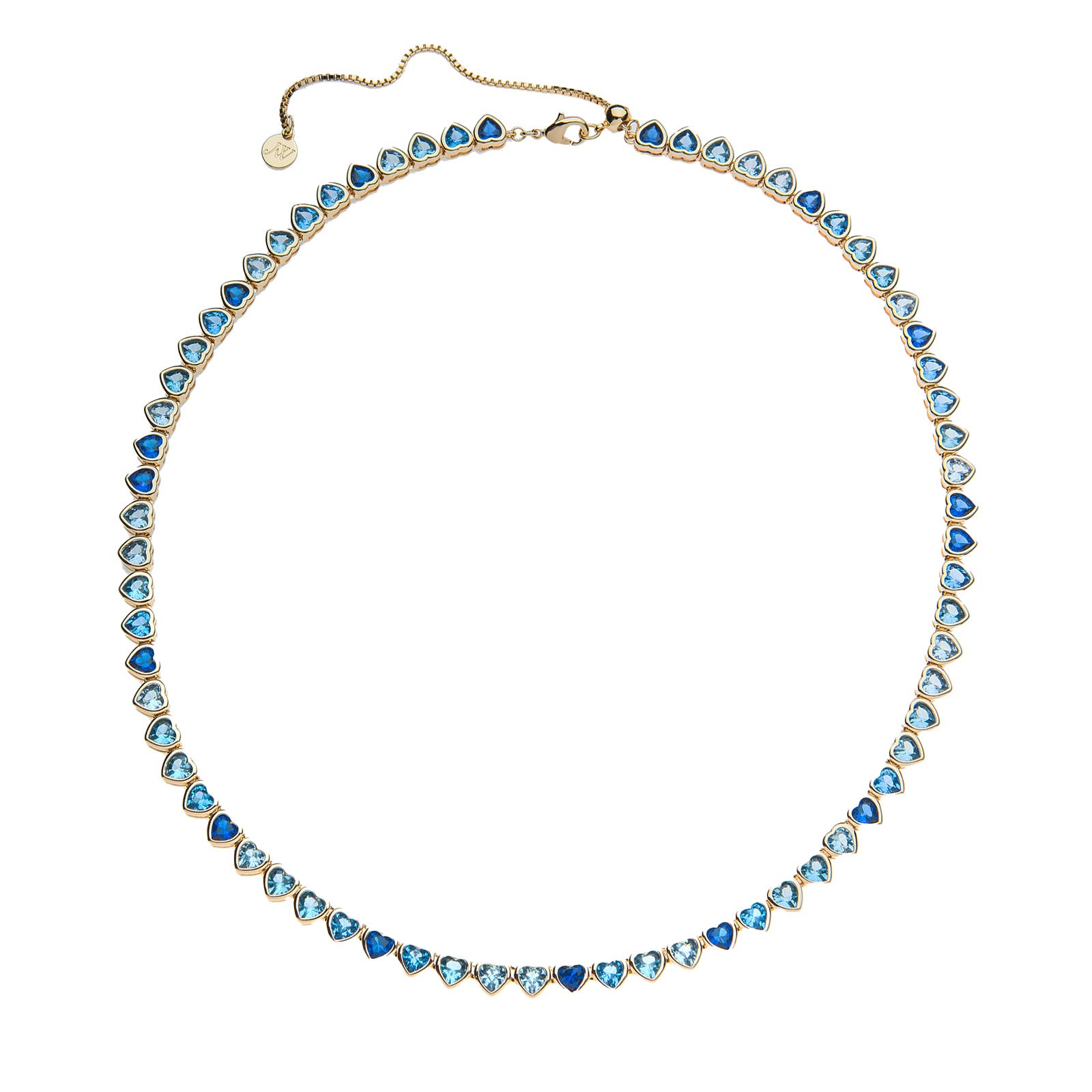 Gold tennis necklace features heart shaped CZ stones in varying shades of blue