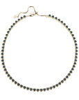 Gold tennis necklace features heart shaped black CZ stones