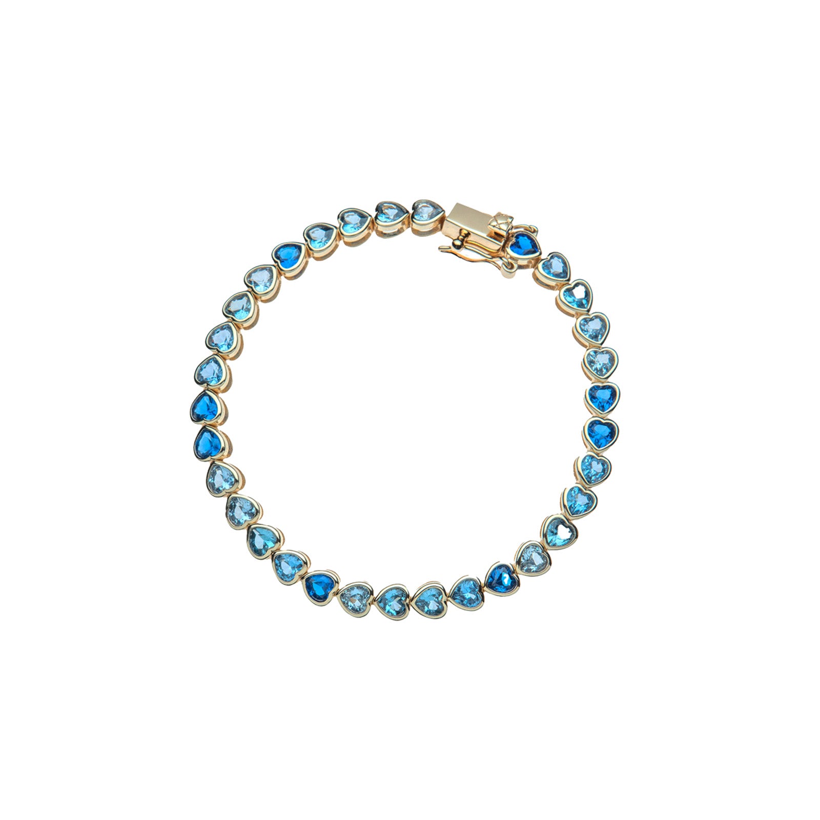 Gold tennis bracelet features heart shaped CZ stones in varying shades of blue