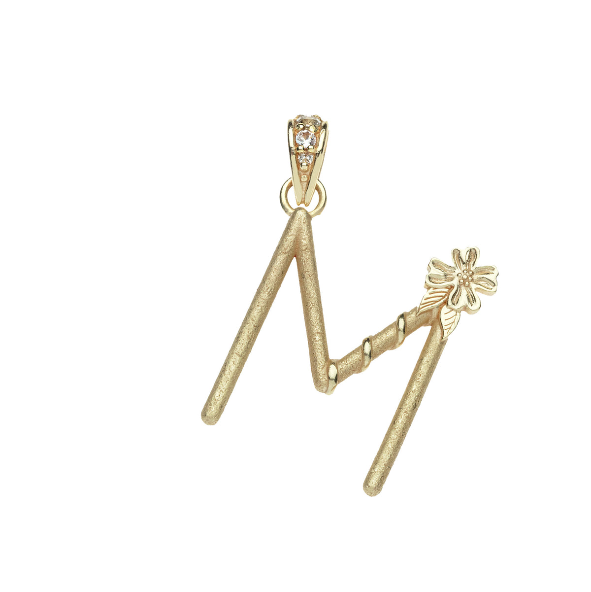 Gold letter M pendant with flower detail and white topaz accents on the bail