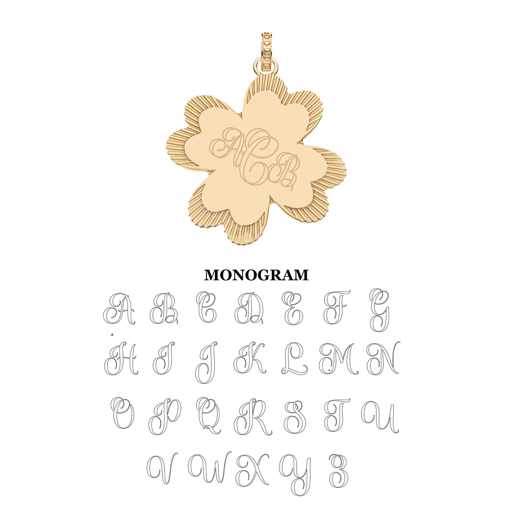 Engravable 4 leaf clover pendant showing monogram engraving example