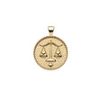 Gold small Libra coin pendant features balanced scales holding hearts 