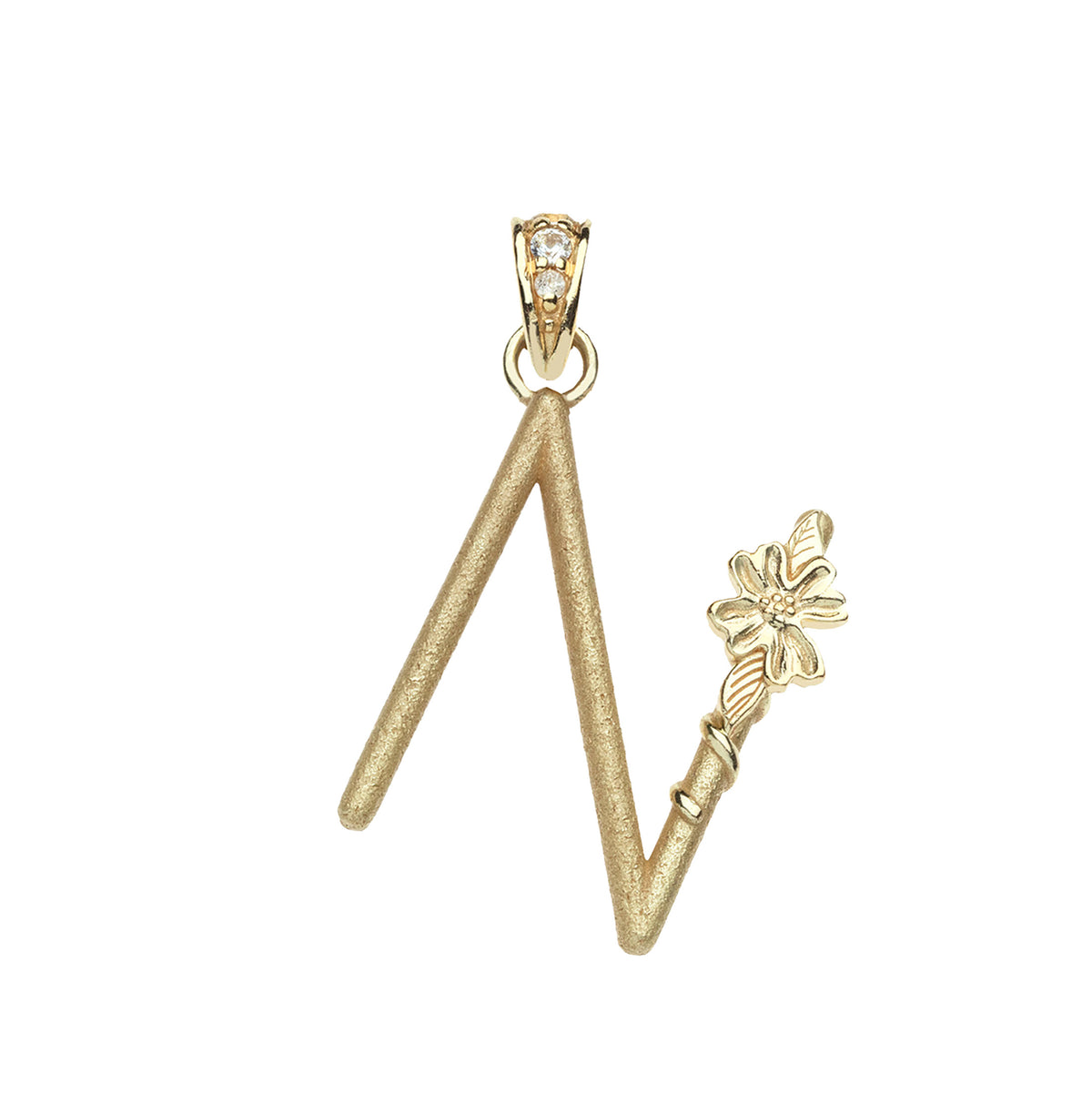 Gold letter N pendant with flower detail and white topaz accents on the bail