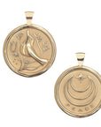 Gold Coin Pendant with a bird and floral designs (front) and moon and star logo and word PEACE underneath (back)