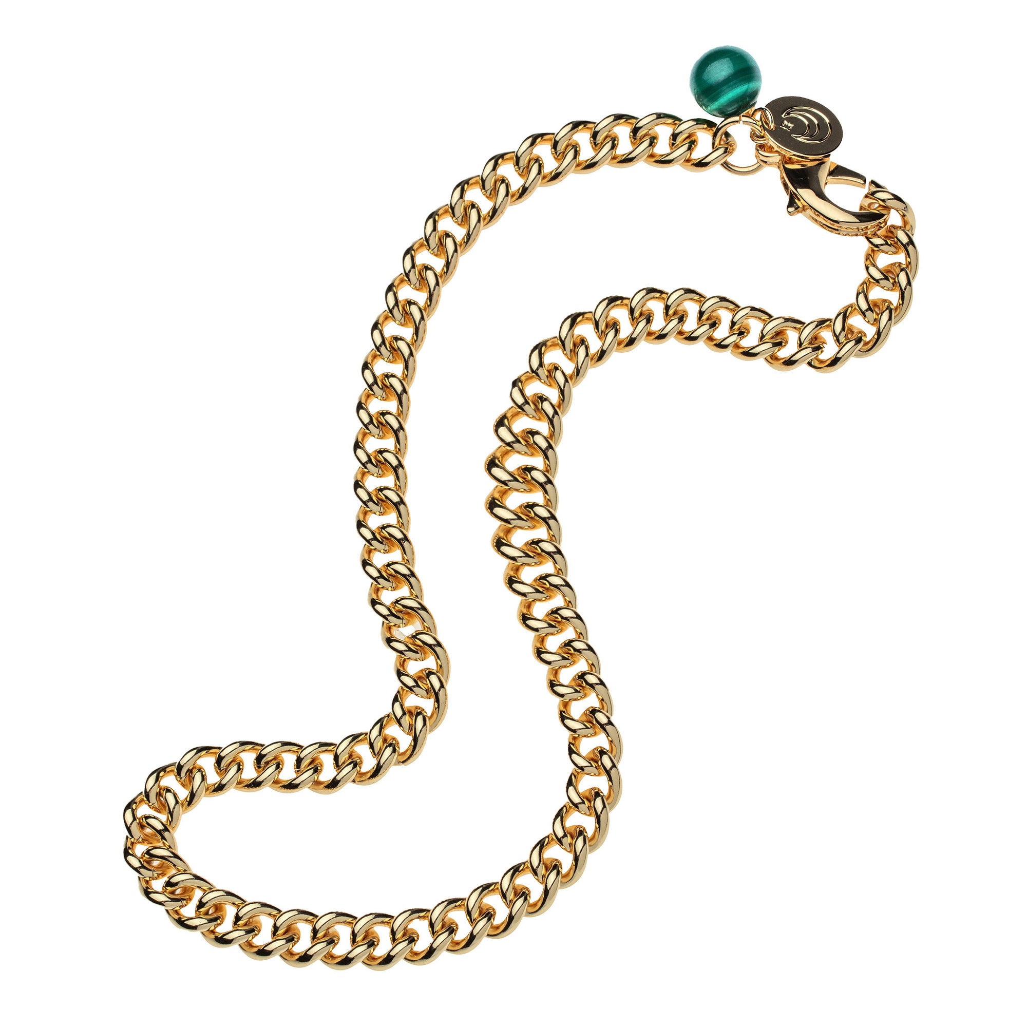 Chunky gold curb chain with malachite bead, JW tag, and oversized lobster clasp