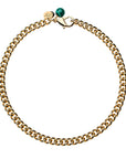 Chunky gold curb chain with malachite bead, JW tag, and oversized lobster clasp