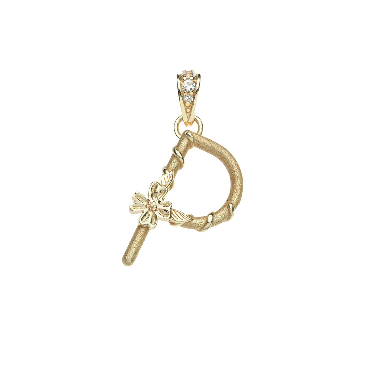 Gold letter P pendant with flower detail and white topaz accents on the bail