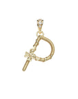 Gold letter P pendant with flower detail and white topaz accents on the bail