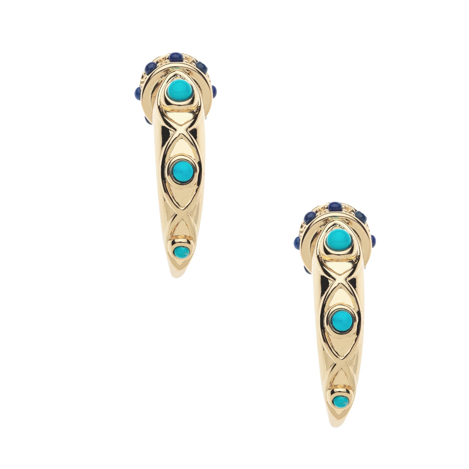 Gold tusk inspired hoops with lapis and turquoise cabochon details