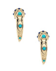 Gold tusk inspired hoops with lapis and turquoise cabochon details