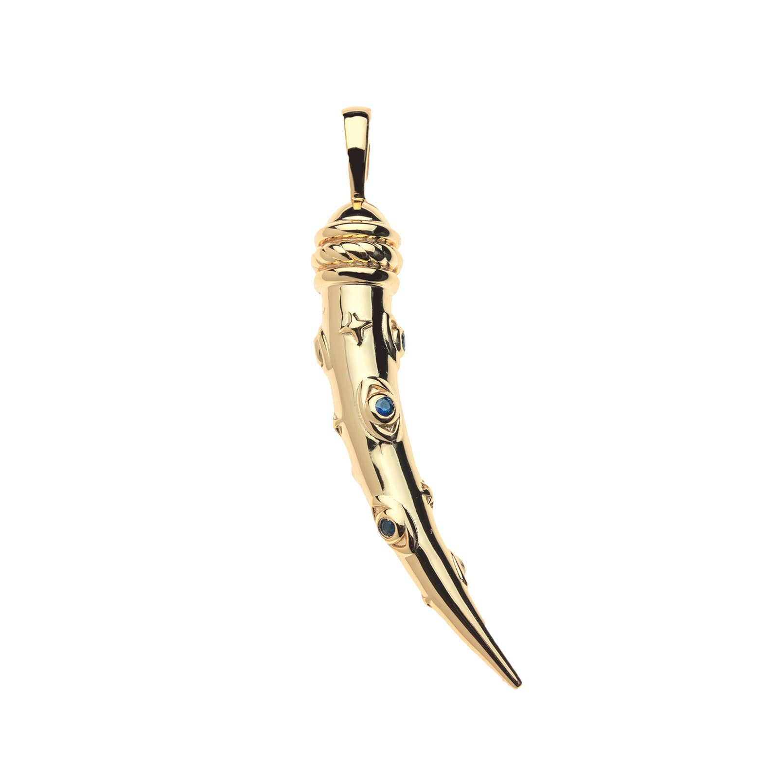 Gold tusk pendant with evil eye and star details. Center of evil eyes feature blue sapphire stone.