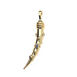 Gold tusk pendant with evil eye and star details. Center of evil eyes feature blue sapphire stone.