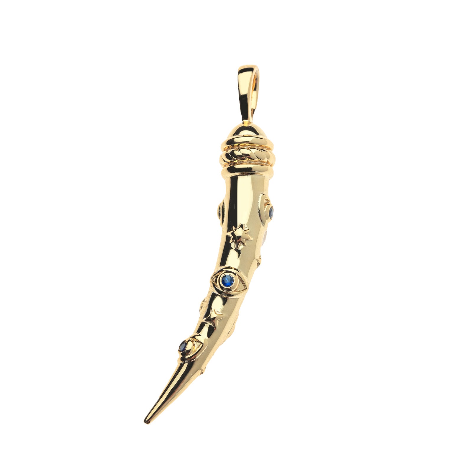 Gold tusk pendant with evil eye and star details. Center of evil eyes feature blue sapphire stone.
