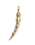 Gold tusk pendant with evil eye and star details. Center of evil eyes feature blue sapphire stone.