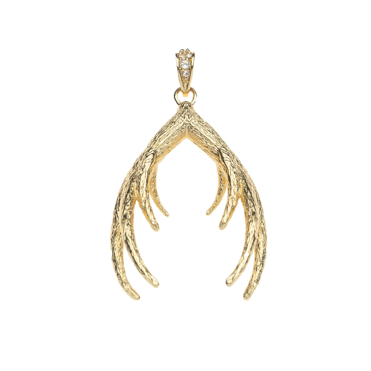 Gold antler pendant with white topaz stone details on the bail