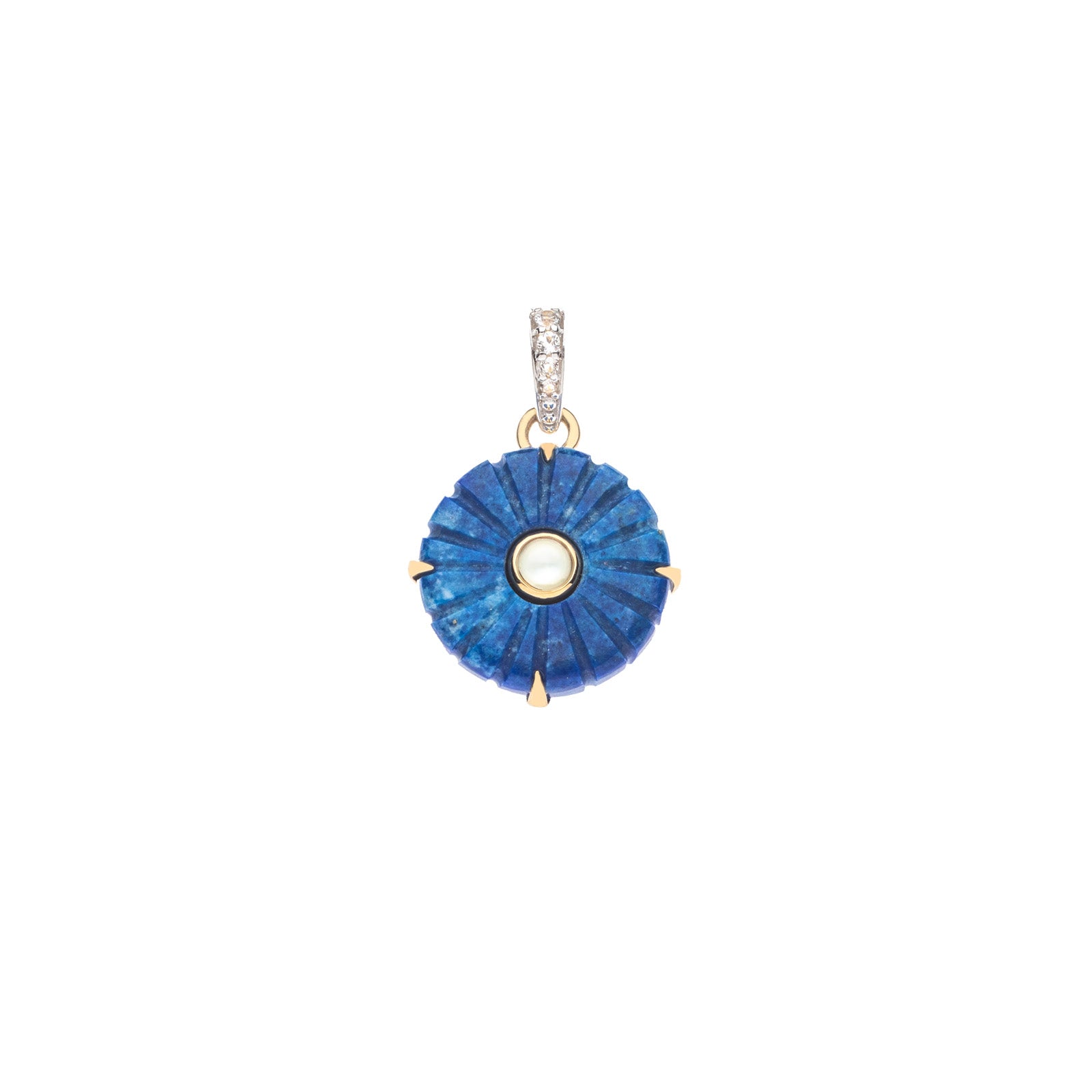 Carved lapis pendant in gold setting featuring mother of pearl center stone to create evil eye motif and white topaz accents on bail
