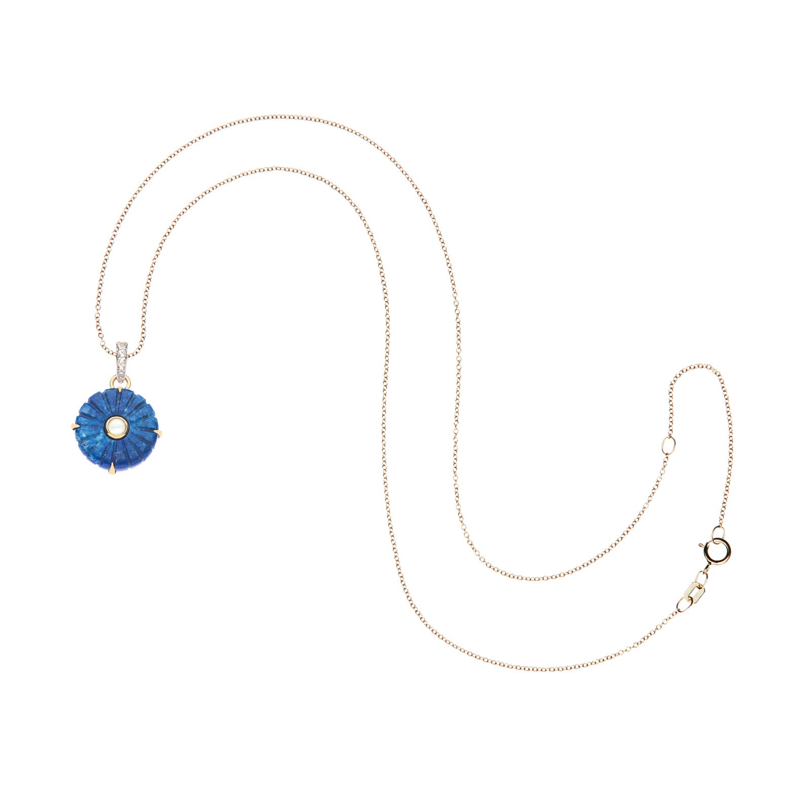 Carved lapis evil eye pendant on 10 karat adjustable chain