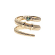 Gold ring with snake that wraps around finger and features star detail and green tourmaline accent on snake head