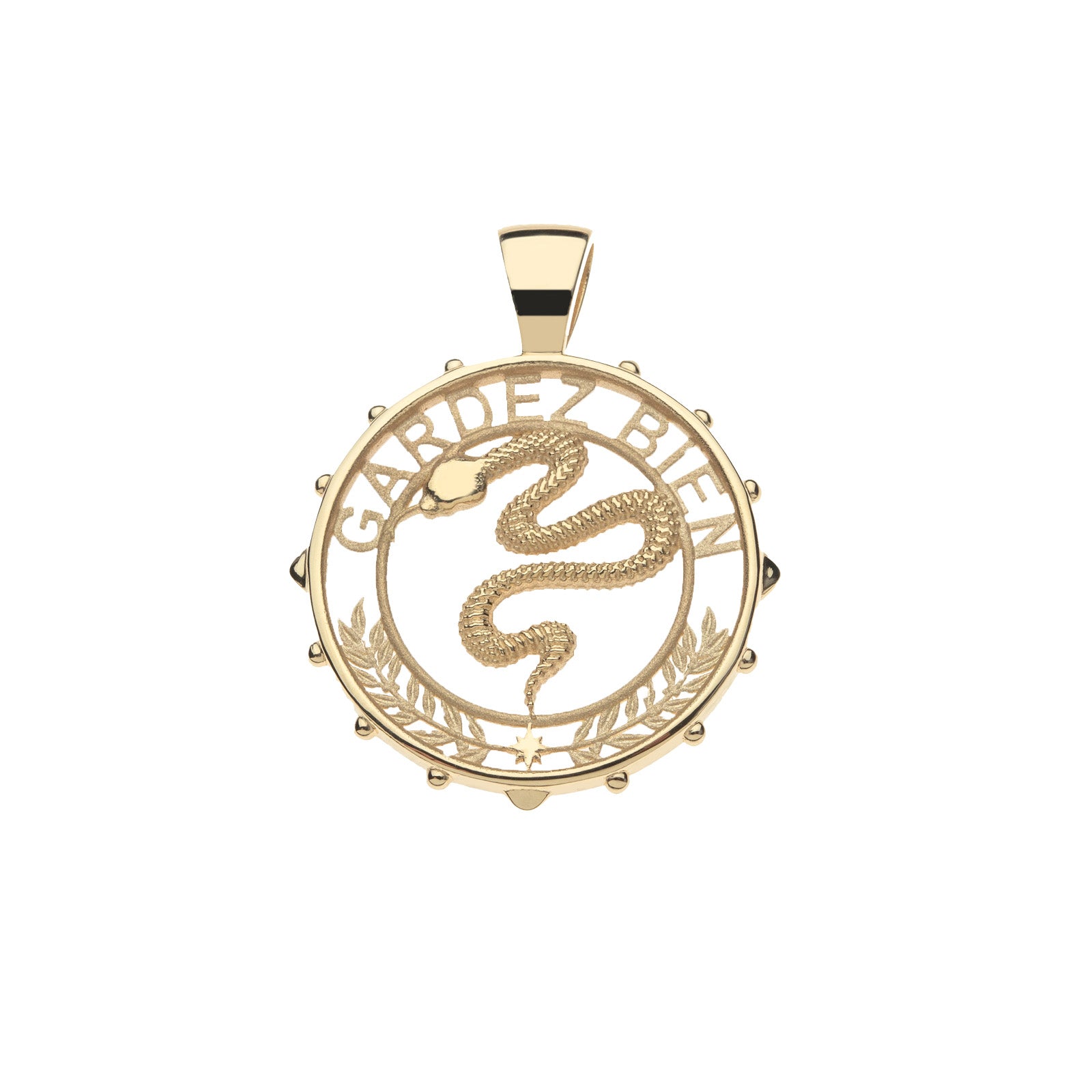 Gold protect cutout coin pendant features snake, leaves, and the phrase GARDEZ BIEN at the top