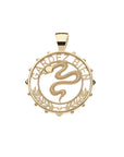 Gold protect cutout coin pendant features snake, leaves, and the phrase GARDEZ BIEN at the top