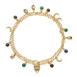 Gold double wrapped chain featuring crescent moon, fox, scarab, malachite, onyx, and lapis charms