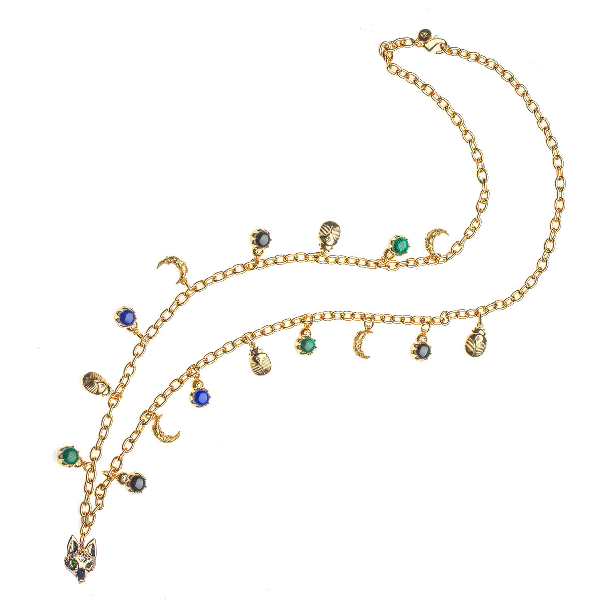 Gold long chain featuring crescent moon, fox, scarab, malachite, onyx, and lapis charms