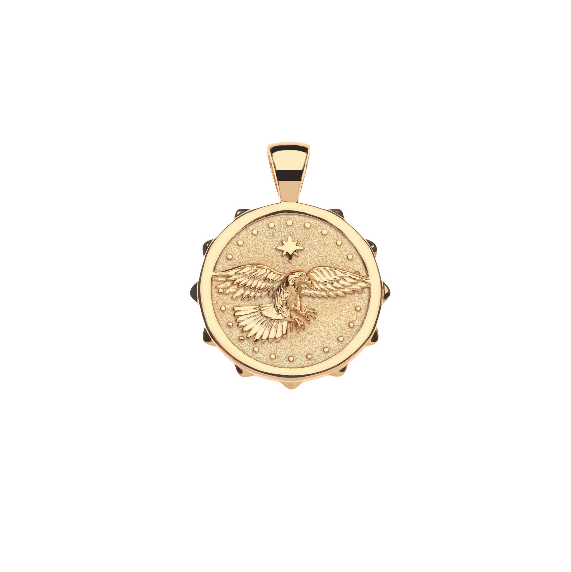 Gold protect eagle coin pendant features flying eagle and star detail