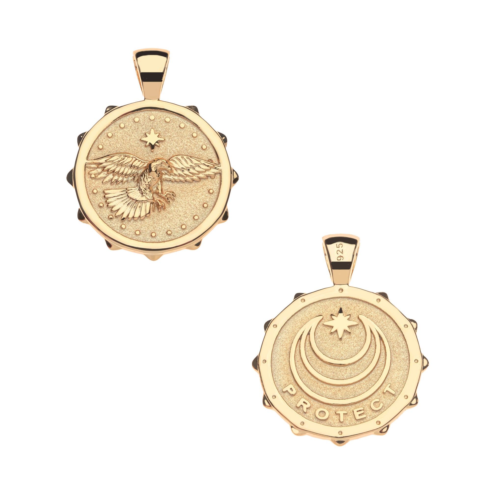 Front and back of protect eagle coin. Back features the Jane Win moon and star logo and the word PROTECT.