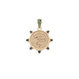 Gold coin pendant with snake design and the french phrase "Gardez bien" with smoky topaz accents on the border and emerald stones on the bail