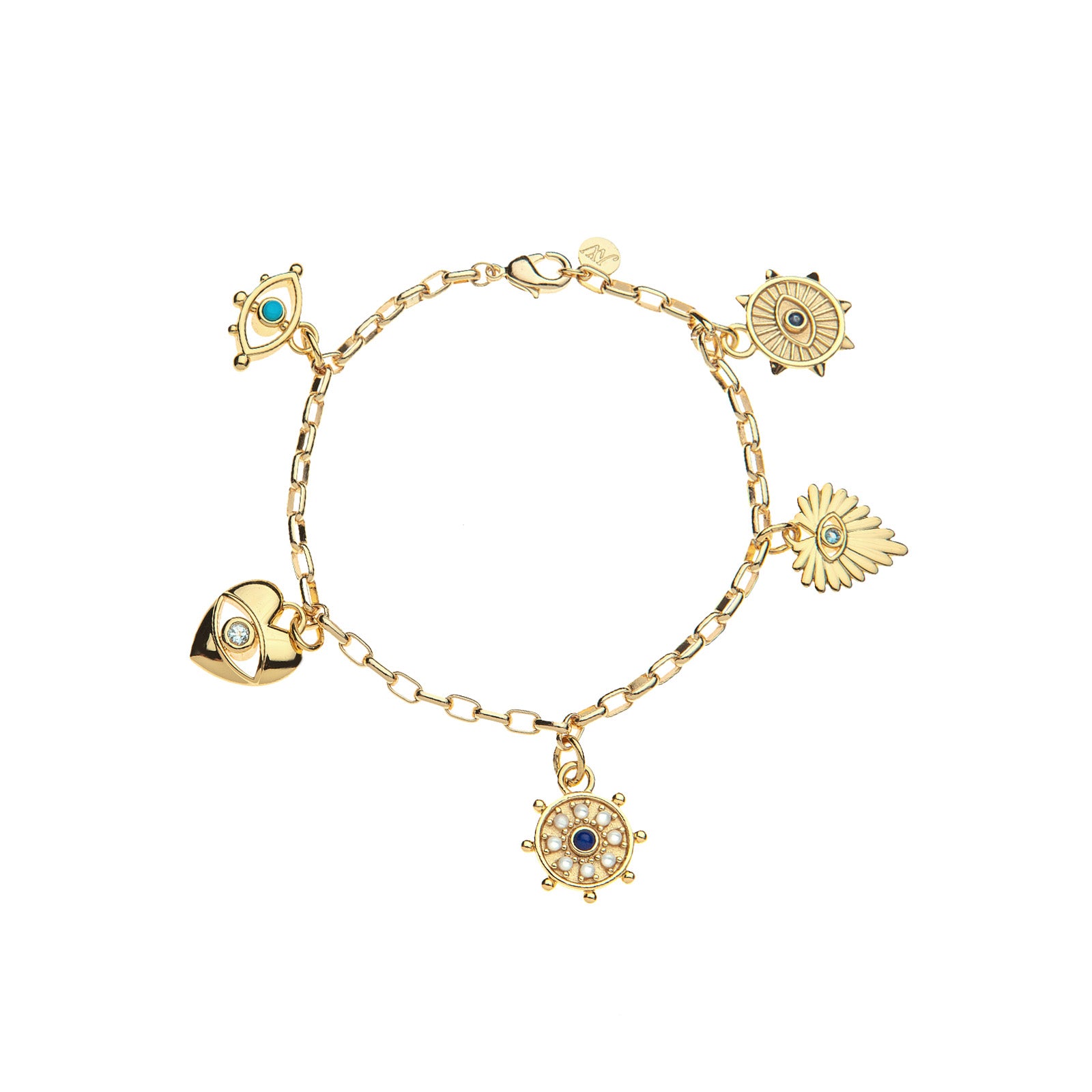 Protect evil eye charm bracelet features five charms with different evil eye motifs