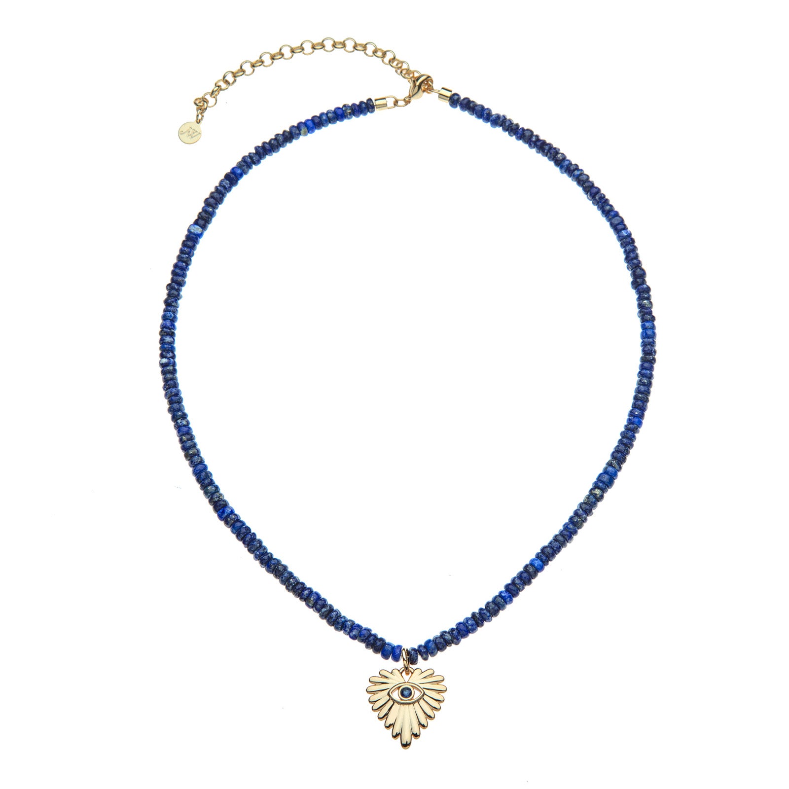 Lapis beaded necklace featuring gold evil eye full heart pendant with blue sapphire accent